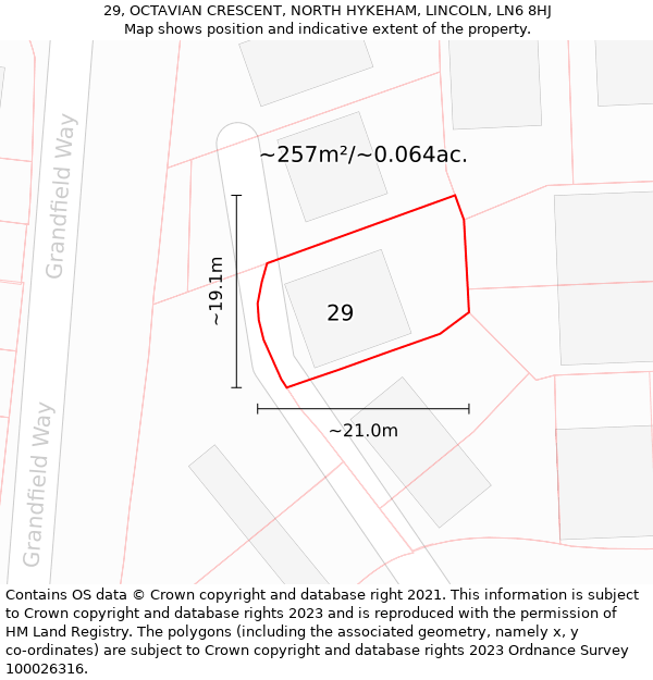 29, OCTAVIAN CRESCENT, NORTH HYKEHAM, LINCOLN, LN6 8HJ: Plot and title map