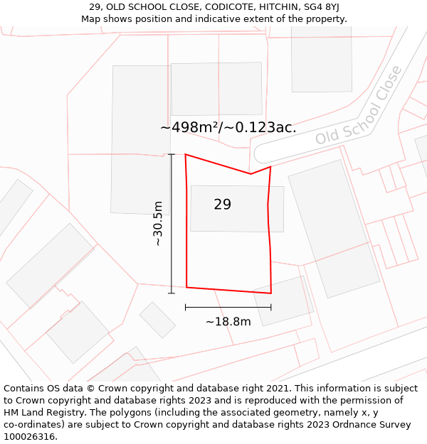 29, OLD SCHOOL CLOSE, CODICOTE, HITCHIN, SG4 8YJ: Plot and title map