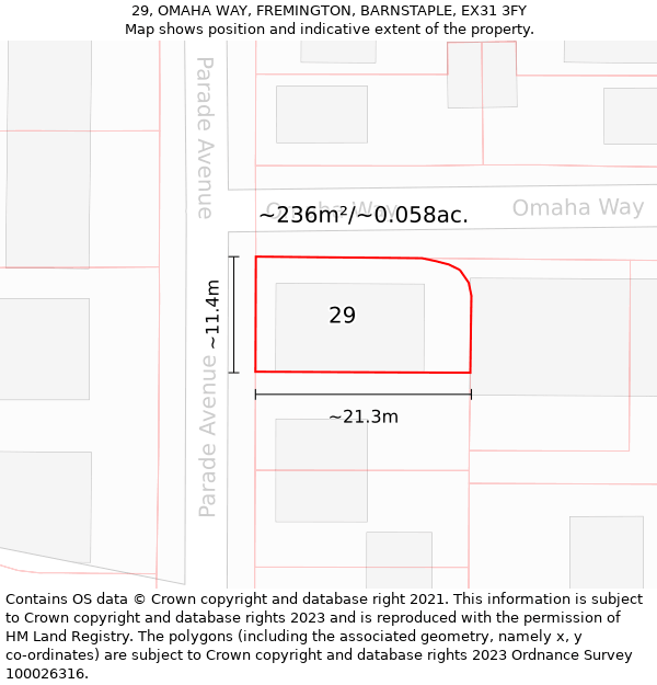 29, OMAHA WAY, FREMINGTON, BARNSTAPLE, EX31 3FY: Plot and title map