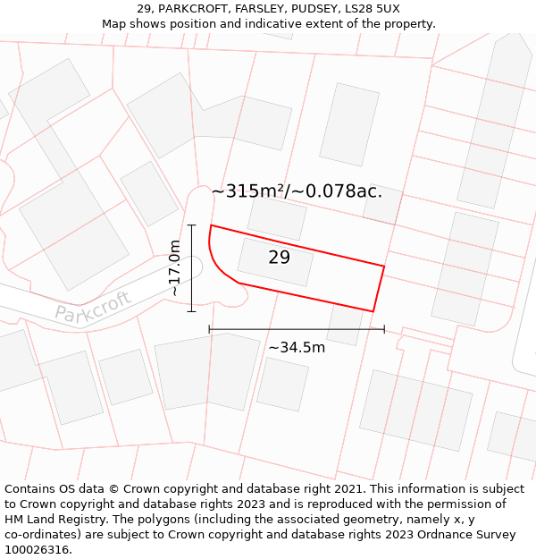 29, PARKCROFT, FARSLEY, PUDSEY, LS28 5UX: Plot and title map