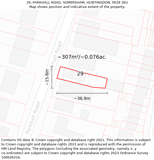 29, PARKHALL ROAD, SOMERSHAM, HUNTINGDON, PE28 3EU: Plot and title map