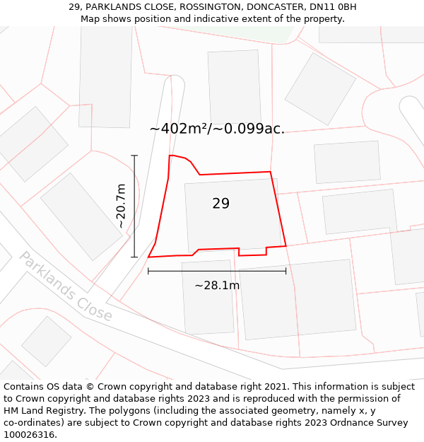 29, PARKLANDS CLOSE, ROSSINGTON, DONCASTER, DN11 0BH: Plot and title map