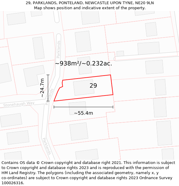 29, PARKLANDS, PONTELAND, NEWCASTLE UPON TYNE, NE20 9LN: Plot and title map