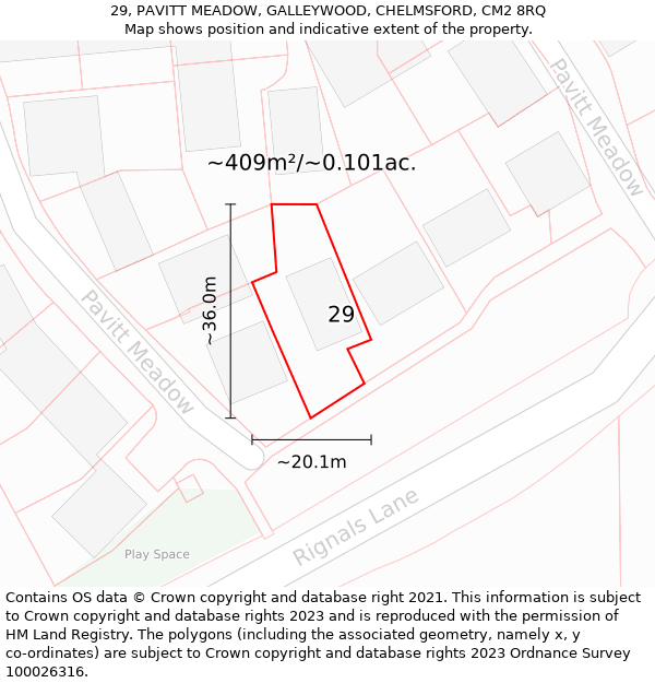 29, PAVITT MEADOW, GALLEYWOOD, CHELMSFORD, CM2 8RQ: Plot and title map