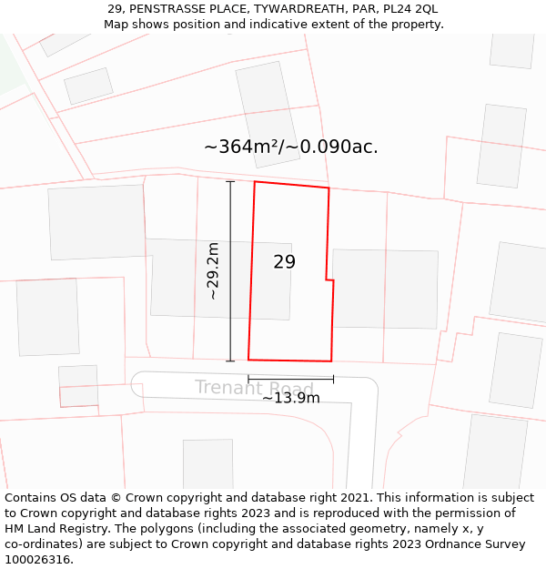 29, PENSTRASSE PLACE, TYWARDREATH, PAR, PL24 2QL: Plot and title map