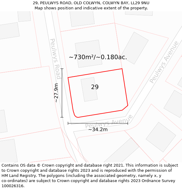 29, PEULWYS ROAD, OLD COLWYN, COLWYN BAY, LL29 9NU: Plot and title map