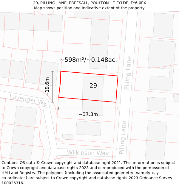 29, PILLING LANE, PREESALL, POULTON-LE-FYLDE, FY6 0EX: Plot and title map