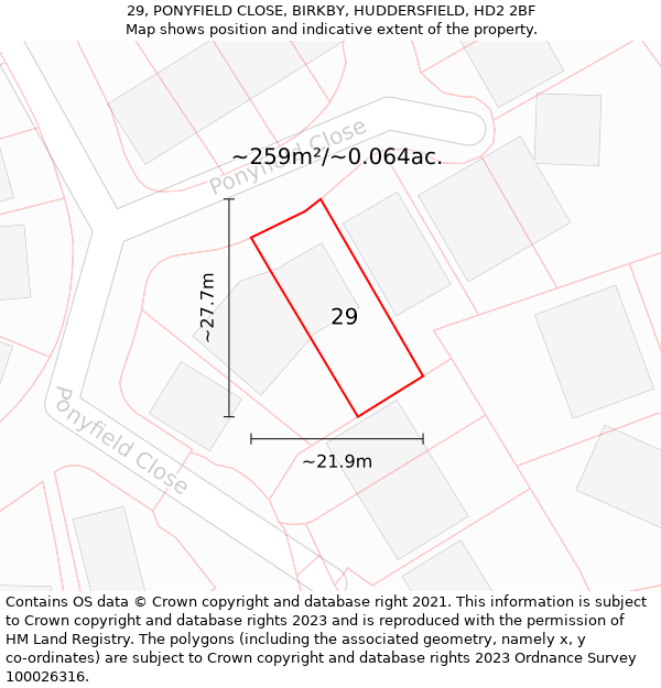 29, PONYFIELD CLOSE, BIRKBY, HUDDERSFIELD, HD2 2BF: Plot and title map