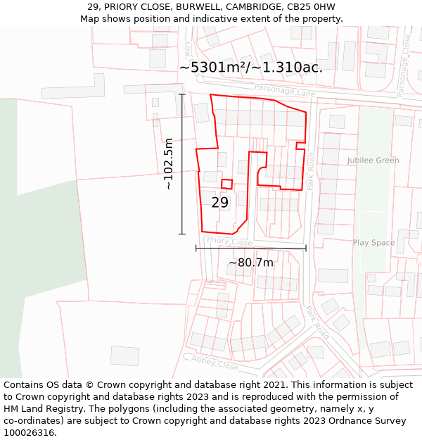 29, PRIORY CLOSE, BURWELL, CAMBRIDGE, CB25 0HW: Plot and title map