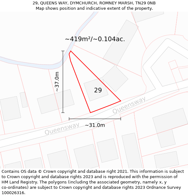 29, QUEENS WAY, DYMCHURCH, ROMNEY MARSH, TN29 0NB: Plot and title map
