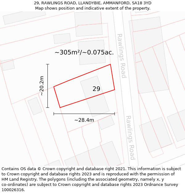 29, RAWLINGS ROAD, LLANDYBIE, AMMANFORD, SA18 3YD: Plot and title map