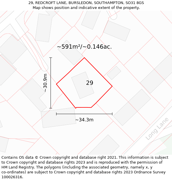 29, REDCROFT LANE, BURSLEDON, SOUTHAMPTON, SO31 8GS: Plot and title map