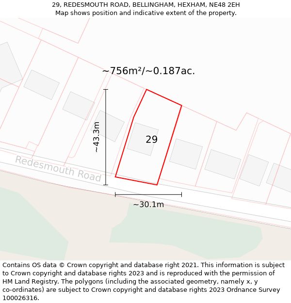 29, REDESMOUTH ROAD, BELLINGHAM, HEXHAM, NE48 2EH: Plot and title map