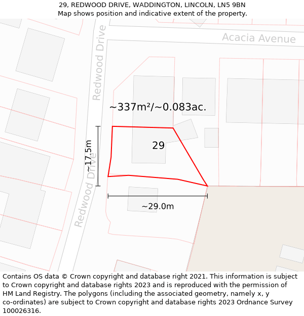 29, REDWOOD DRIVE, WADDINGTON, LINCOLN, LN5 9BN: Plot and title map