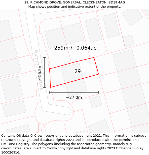 29, RICHMOND GROVE, GOMERSAL, CLECKHEATON, BD19 4AG: Plot and title map