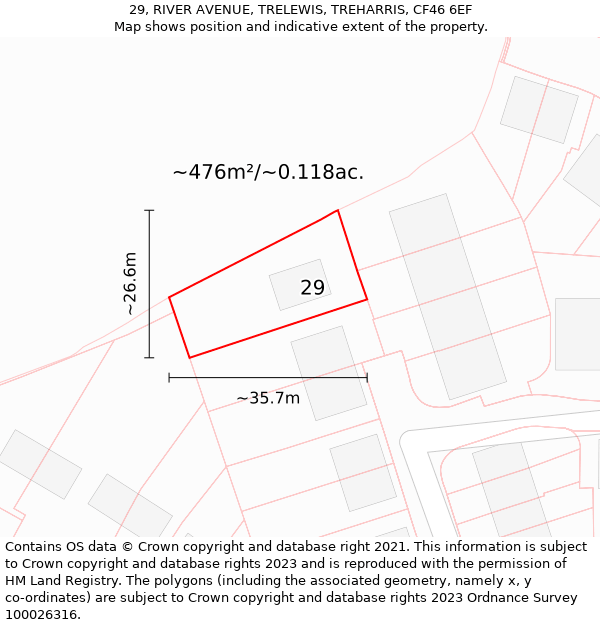 29, RIVER AVENUE, TRELEWIS, TREHARRIS, CF46 6EF: Plot and title map