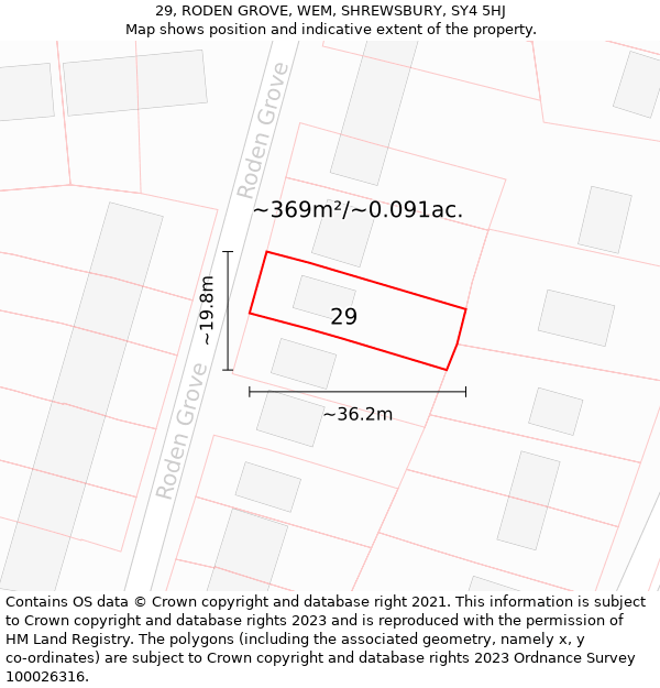 29, RODEN GROVE, WEM, SHREWSBURY, SY4 5HJ: Plot and title map