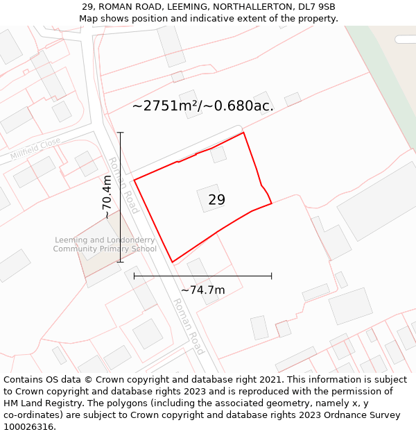 29, ROMAN ROAD, LEEMING, NORTHALLERTON, DL7 9SB: Plot and title map