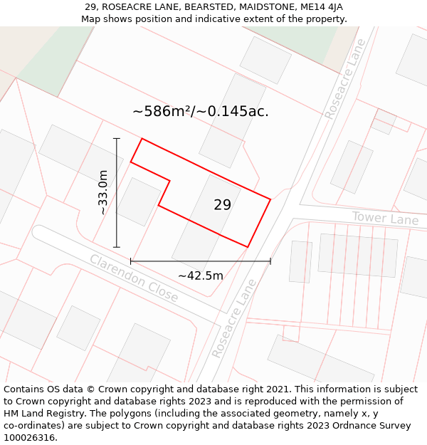 29, ROSEACRE LANE, BEARSTED, MAIDSTONE, ME14 4JA: Plot and title map