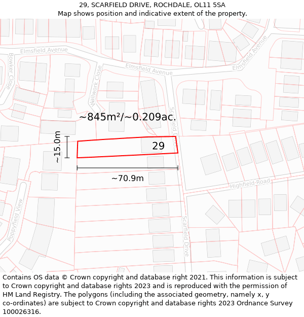 29, SCARFIELD DRIVE, ROCHDALE, OL11 5SA: Plot and title map