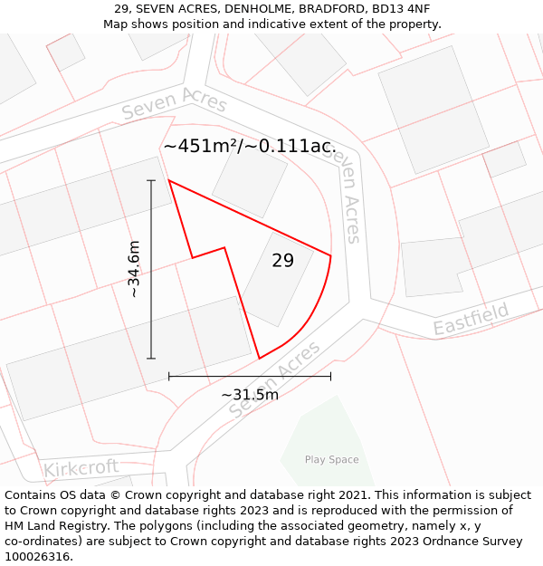 29, SEVEN ACRES, DENHOLME, BRADFORD, BD13 4NF: Plot and title map