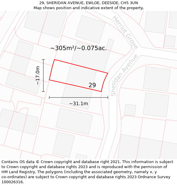 29, SHERIDAN AVENUE, EWLOE, DEESIDE, CH5 3UN: Plot and title map