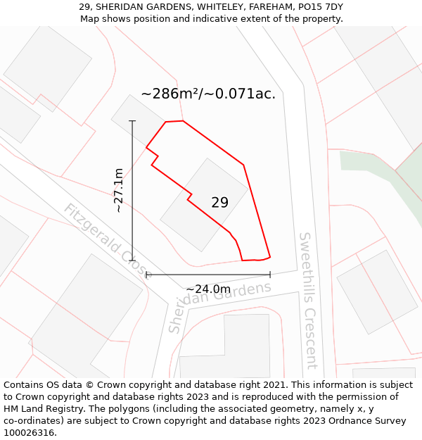 29, SHERIDAN GARDENS, WHITELEY, FAREHAM, PO15 7DY: Plot and title map