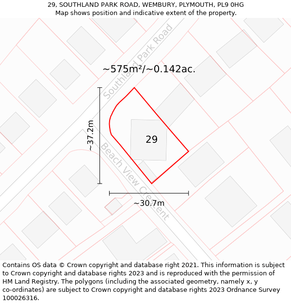 29, SOUTHLAND PARK ROAD, WEMBURY, PLYMOUTH, PL9 0HG: Plot and title map