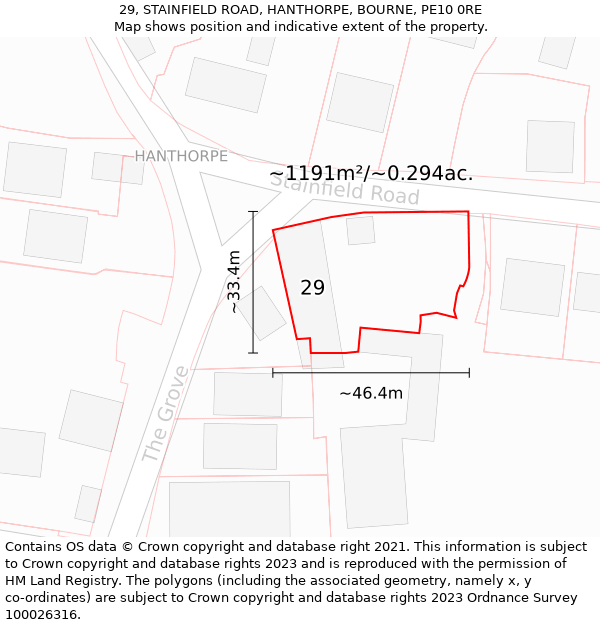 29, STAINFIELD ROAD, HANTHORPE, BOURNE, PE10 0RE: Plot and title map