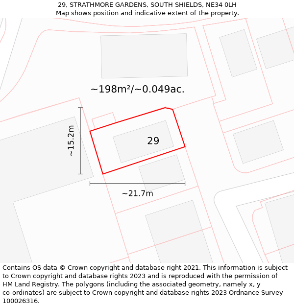 29, STRATHMORE GARDENS, SOUTH SHIELDS, NE34 0LH: Plot and title map