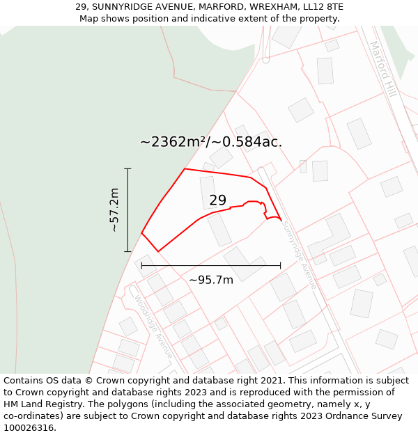 29, SUNNYRIDGE AVENUE, MARFORD, WREXHAM, LL12 8TE: Plot and title map