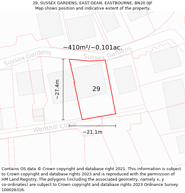 29, SUSSEX GARDENS, EAST DEAN, EASTBOURNE, BN20 0JF: Plot and title map