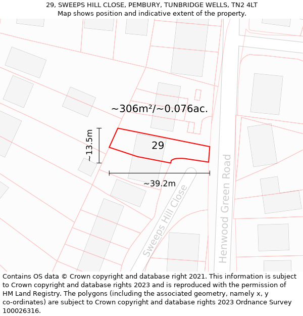 29, SWEEPS HILL CLOSE, PEMBURY, TUNBRIDGE WELLS, TN2 4LT: Plot and title map