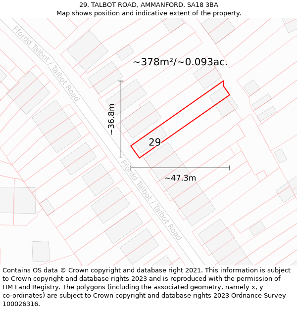 29, TALBOT ROAD, AMMANFORD, SA18 3BA: Plot and title map