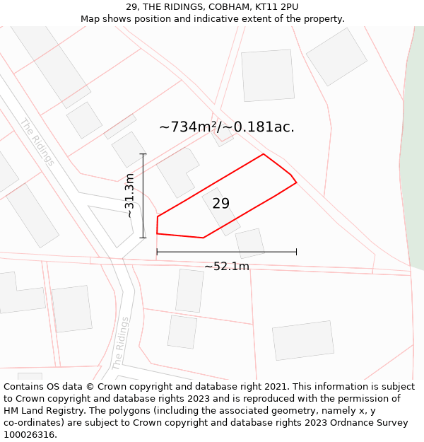 29, THE RIDINGS, COBHAM, KT11 2PU: Plot and title map