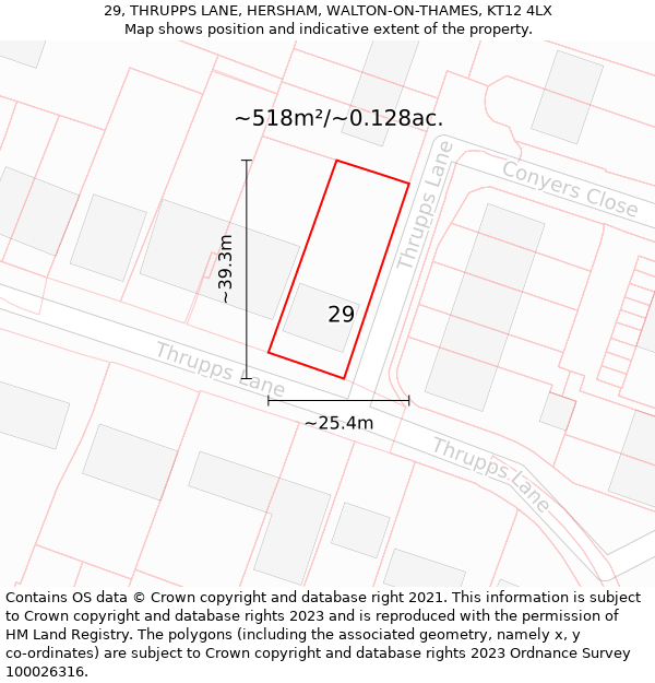 29, THRUPPS LANE, HERSHAM, WALTON-ON-THAMES, KT12 4LX: Plot and title map