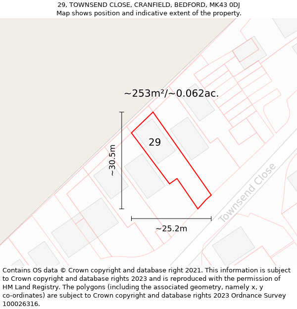 29, TOWNSEND CLOSE, CRANFIELD, BEDFORD, MK43 0DJ: Plot and title map