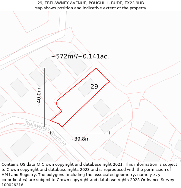 29, TRELAWNEY AVENUE, POUGHILL, BUDE, EX23 9HB: Plot and title map