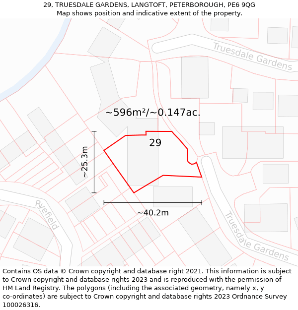 29, TRUESDALE GARDENS, LANGTOFT, PETERBOROUGH, PE6 9QG: Plot and title map