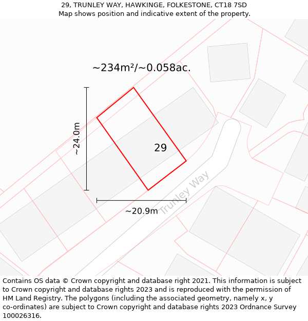 29, TRUNLEY WAY, HAWKINGE, FOLKESTONE, CT18 7SD: Plot and title map