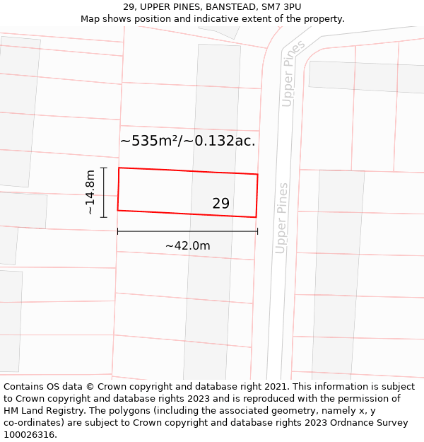 29, UPPER PINES, BANSTEAD, SM7 3PU: Plot and title map