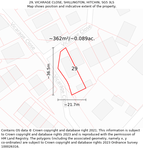 29, VICARAGE CLOSE, SHILLINGTON, HITCHIN, SG5 3LS: Plot and title map