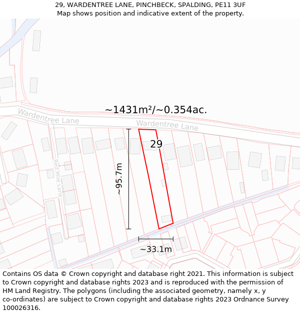 29, WARDENTREE LANE, PINCHBECK, SPALDING, PE11 3UF: Plot and title map