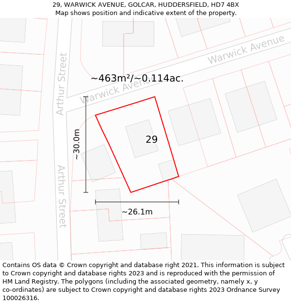 29, WARWICK AVENUE, GOLCAR, HUDDERSFIELD, HD7 4BX: Plot and title map