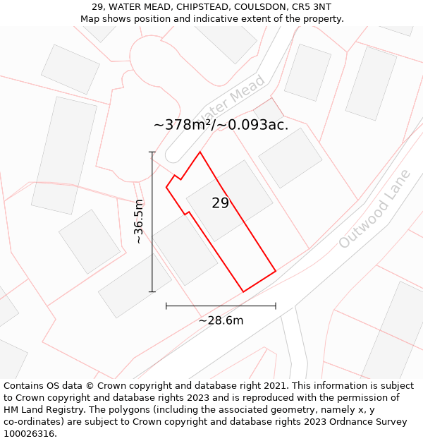 29, WATER MEAD, CHIPSTEAD, COULSDON, CR5 3NT: Plot and title map