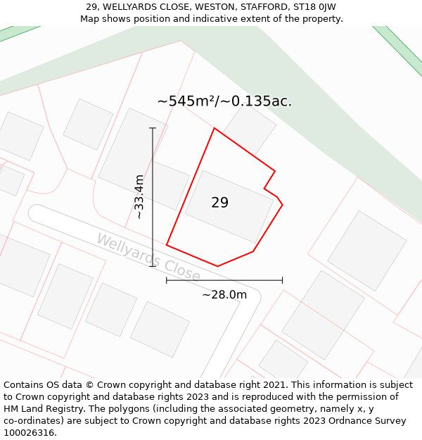 29, WELLYARDS CLOSE, WESTON, STAFFORD, ST18 0JW: Plot and title map