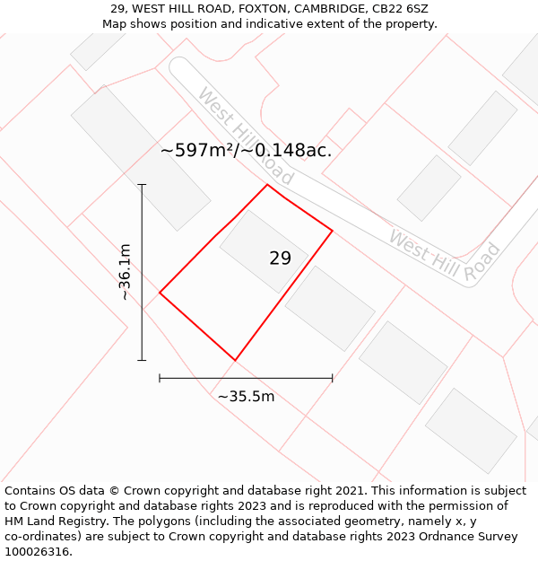 29, WEST HILL ROAD, FOXTON, CAMBRIDGE, CB22 6SZ: Plot and title map