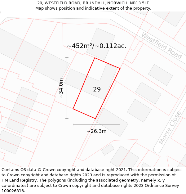 29, WESTFIELD ROAD, BRUNDALL, NORWICH, NR13 5LF: Plot and title map