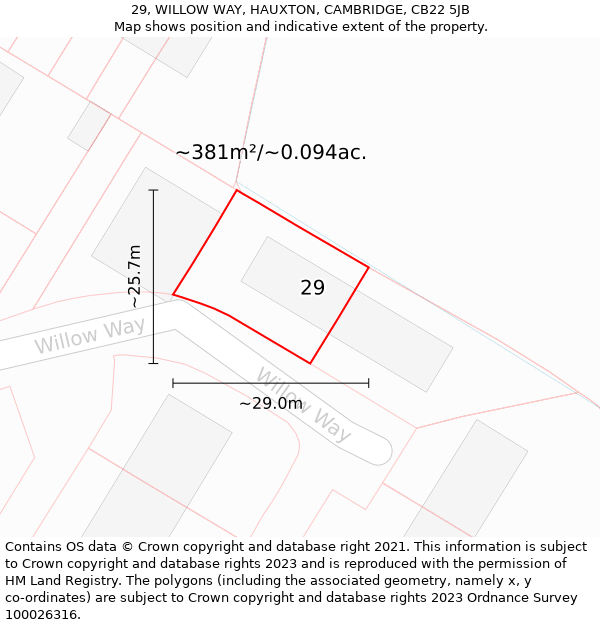 29, WILLOW WAY, HAUXTON, CAMBRIDGE, CB22 5JB: Plot and title map