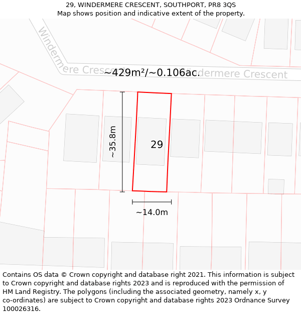 29, WINDERMERE CRESCENT, SOUTHPORT, PR8 3QS: Plot and title map